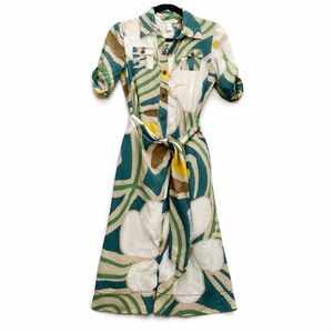 DVF Huahine Silk Button Front Shirt Dress Size 4 Green Cream Abstract Resort